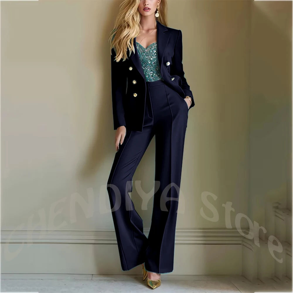 Solid Color Suit For Women High Quality Double Breasted Two Piece Notch Lapel Slim Fit Elegant Fashion Female Outfit Jacket Pant