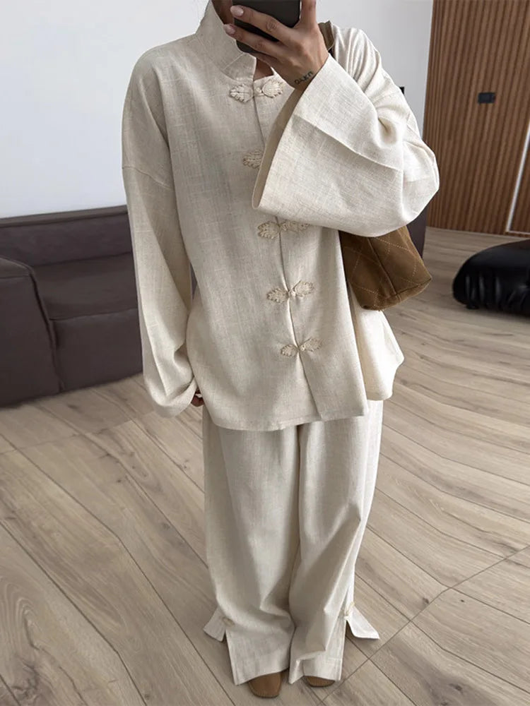 Casual Cotton Coat And Wide Leg Trouser Set for Women