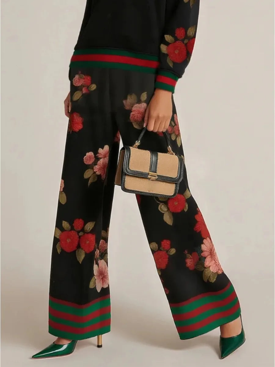 Women Elastic High Waist Wide Leg Pants 2026 New Elegant Floral Printed Contrast Color Loose Casual Office Trousers Bottoms