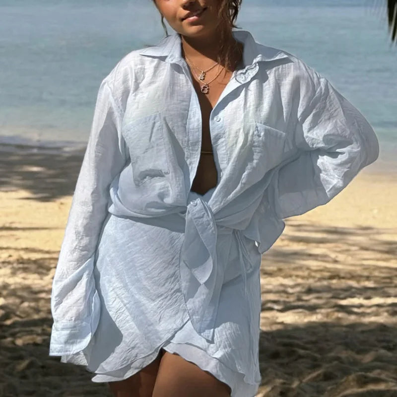 Casual Tie Up Mini Skirt Outfit 2025 Summer New Seaside Beach Sunscreen Suit Holiday Long Sleeve Single Breasted Shirt Women Set
