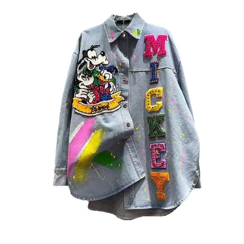 Cartoon Embroidered Shirt Women's Medium And Long Loose Versatile Denim Jacket 2025 Autumn New Fashion Single-breasted Outerwear