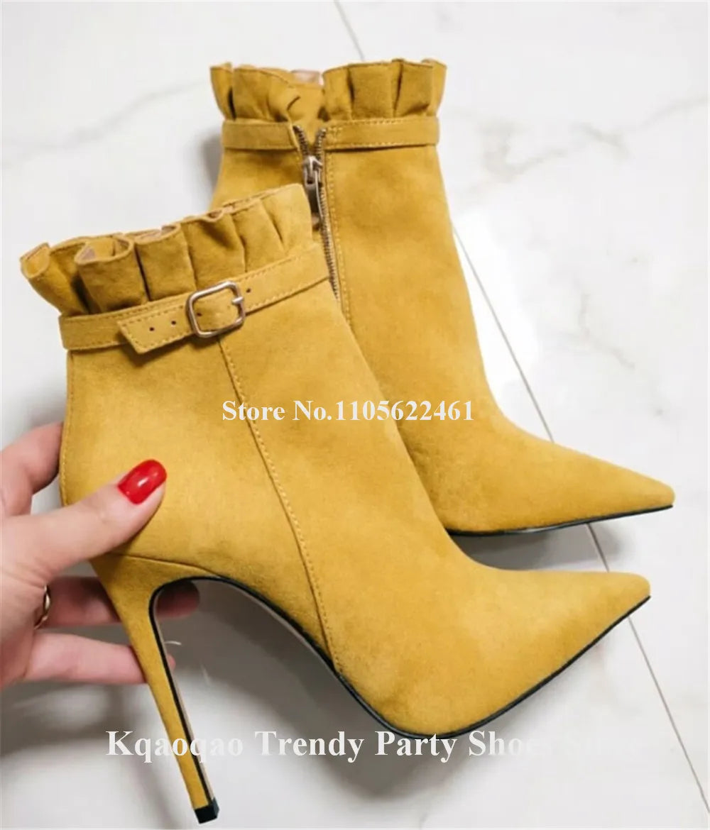 Elegant Suede Ruffle Stiletto Ankle Boots for Women