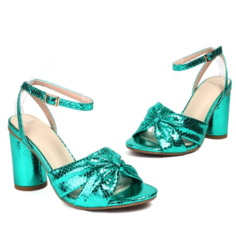 Metallic Block Heel Ankle Strap Sandals