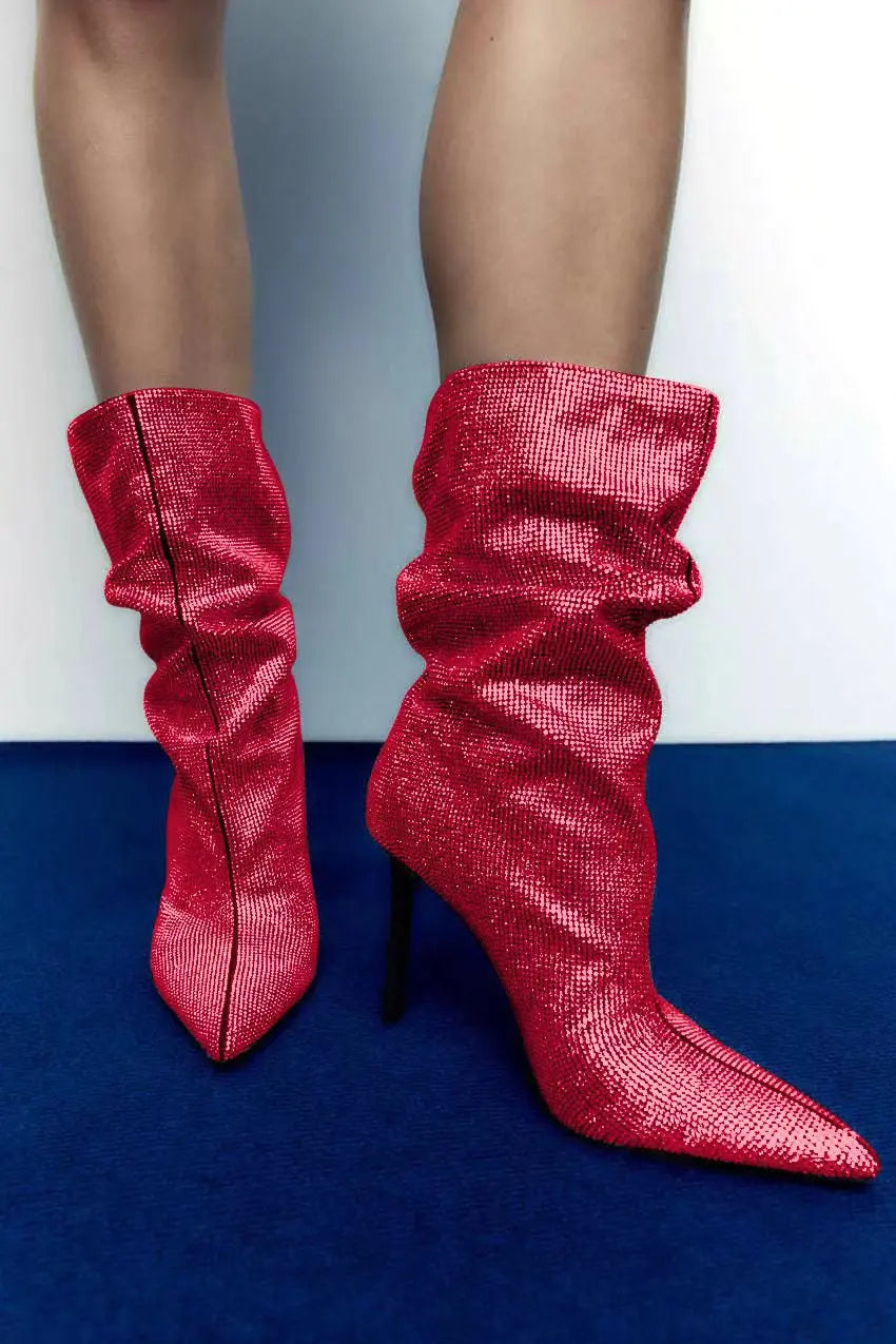 Rhinestone Embellished Pointed Toe Stiletto Boots For Women