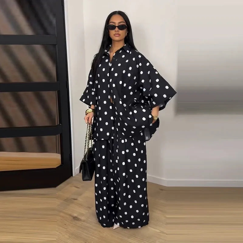 Elegant Polka Dot Shirt And Wide Leg Pants Set for Women