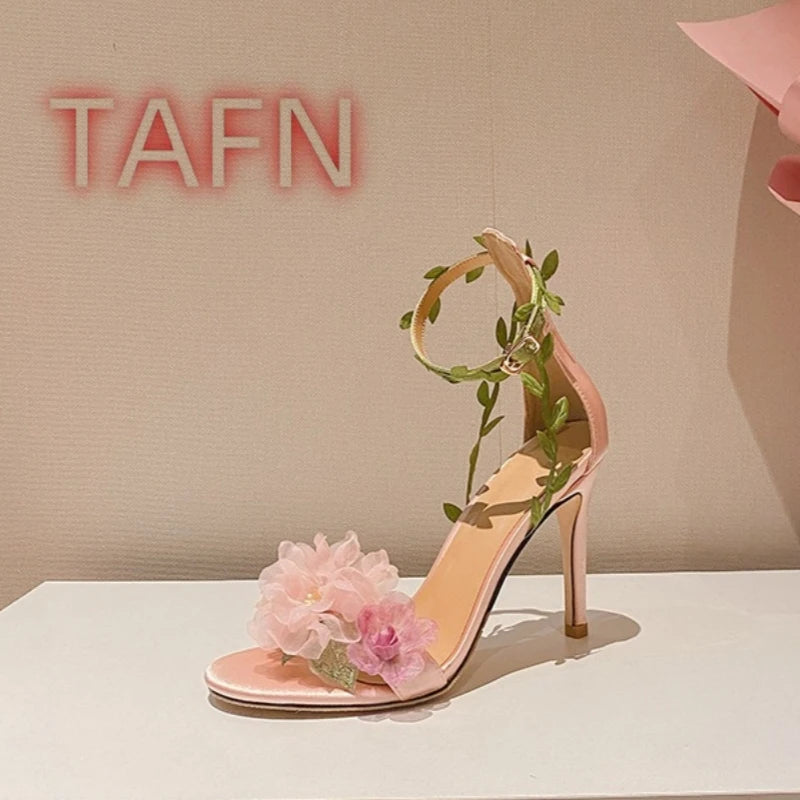 Floral Ankle Strap Open Toe Stiletto Sandals for Women