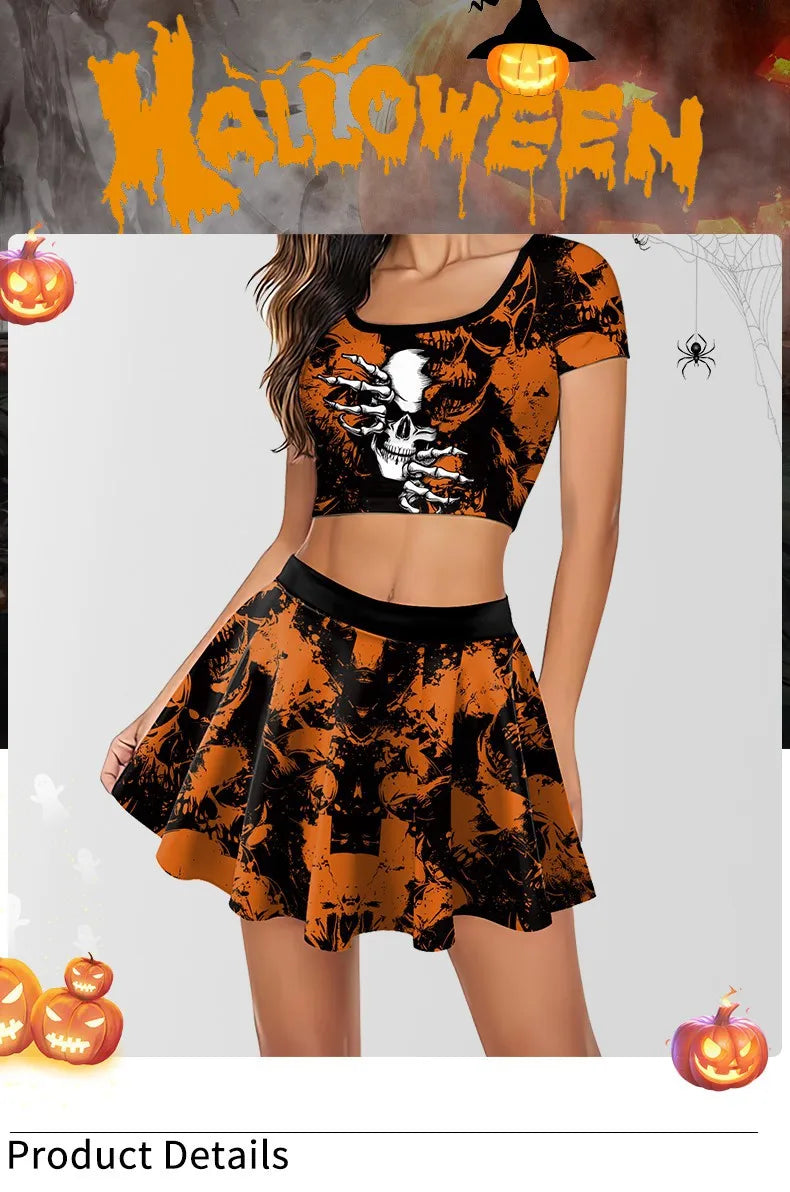 Gothic Skeleton Print Two Piece Costume Set for Women