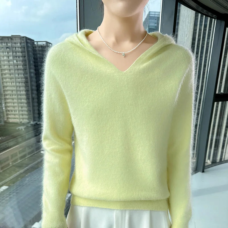 Loose Fit Thick Knit Hooded V-Neck Sweater for Women