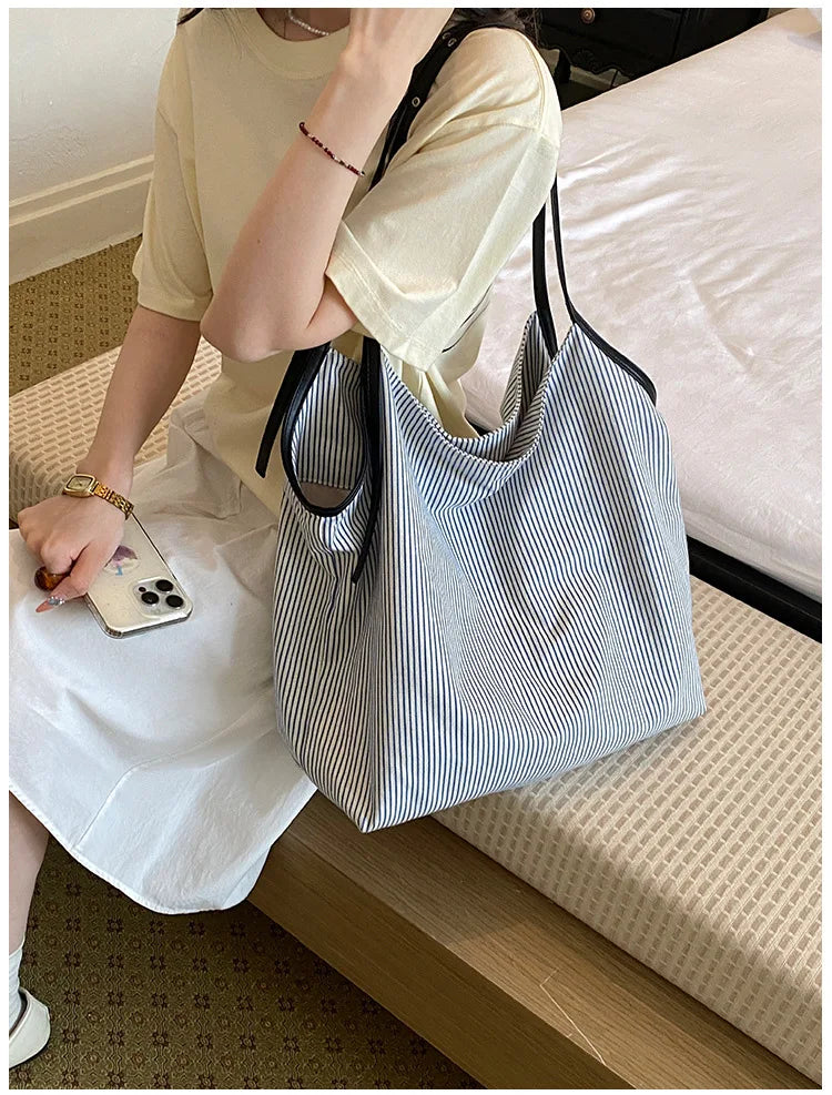 Casual Stripe Canvas Lightweight Shoulder Tote Bag for Women