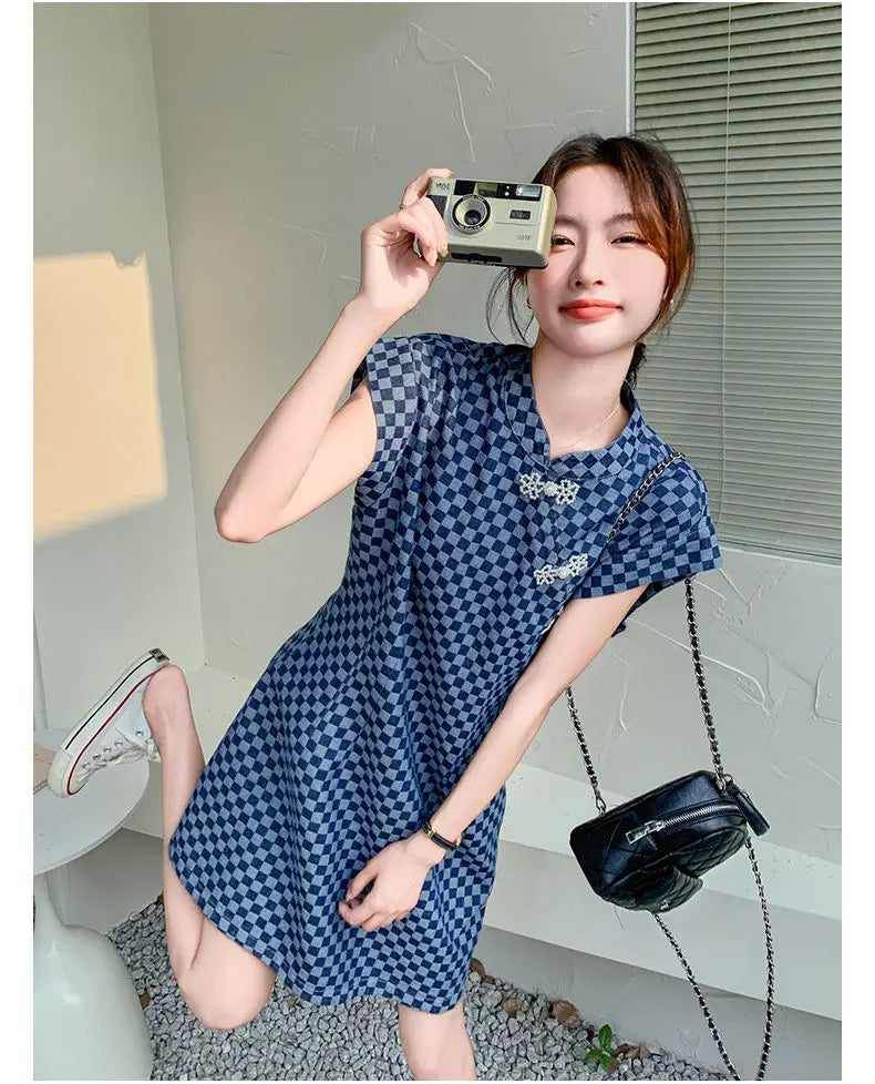 Checkered Ethnic Style Summer Lightweight A Line Dress for Women