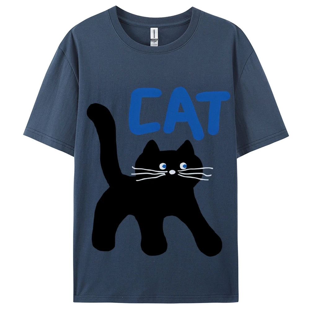 Women's Basic Crew Neck Tee Trendy Y2K Women's Short Sleeve Cartoon Cat Print Cute Aesthetic Cotton Casual T-Shirt