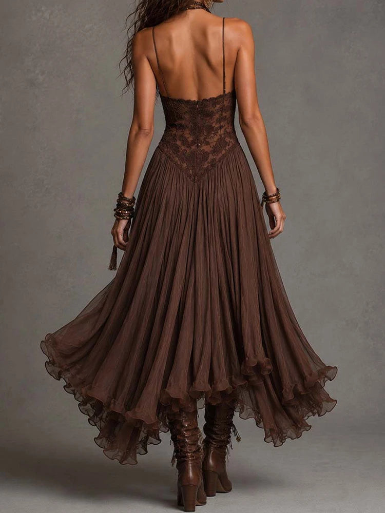 Backless V Neck Spaghetti Strap Maxi Dress for Women