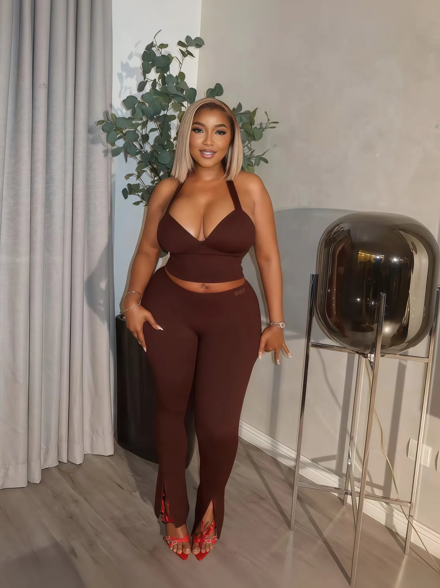 Solid Color Halter Neck Crop Top Two Piece Set for Women