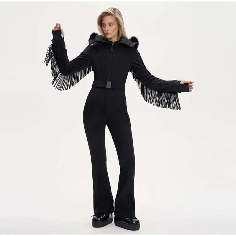 Tassel Red Slim Long Sleeve Stand Collar Wide Leg Jumpsuit for Women