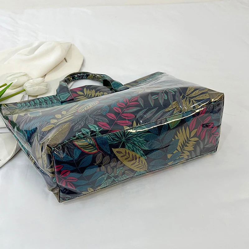 Leaf Print Handbag Pvc Fashion Transparent Waterproof Fashion High-end Shoulder Bag Large Capacity Commuter Tote Bag Shop Bag