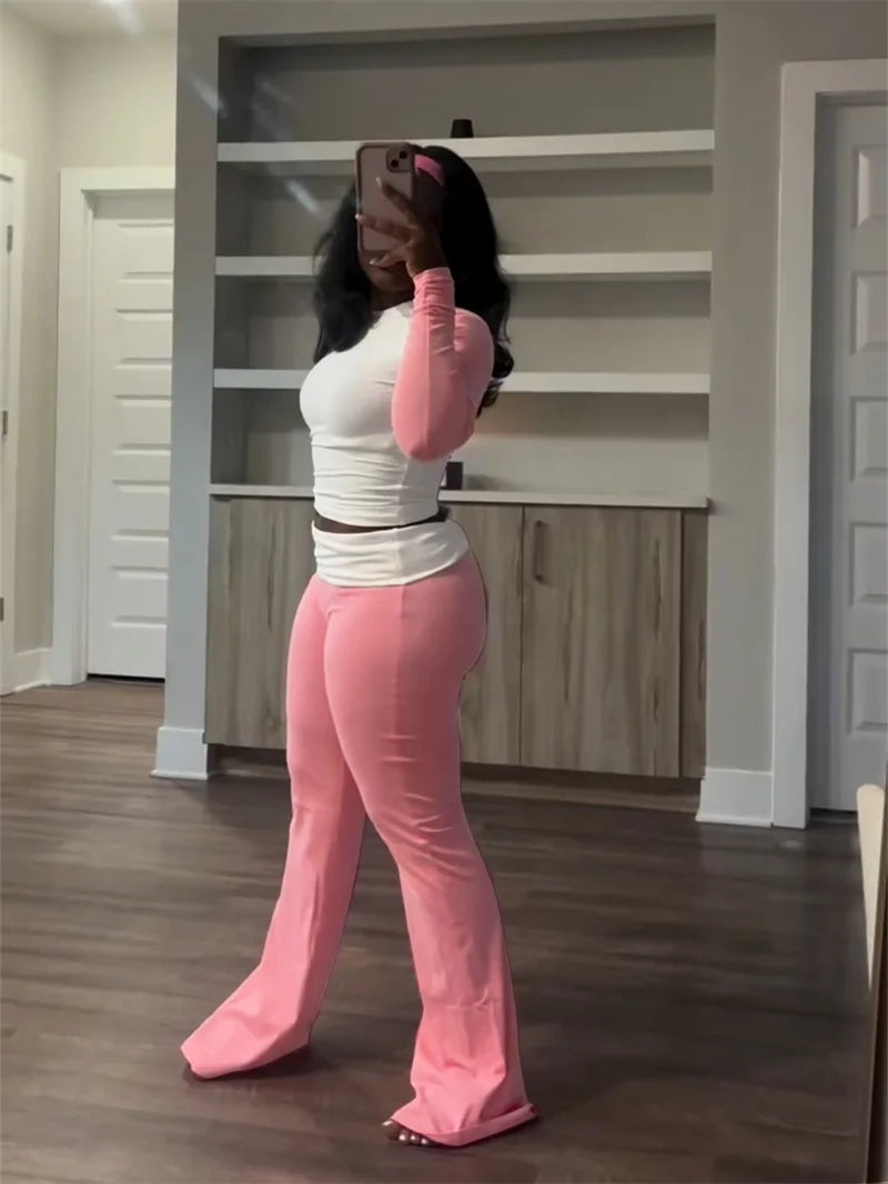 Sporty Casual Tracksuit Sets Womens Clothing 2 Pieces Set Active Wear Long Sleeve Top and Flare Pants Joggers Workout Sweatsuits