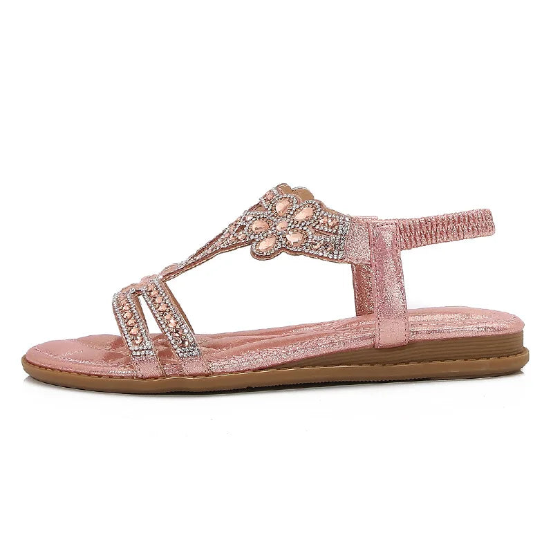 Bohemian Rhinestone Openwork Flat Sandals For Women