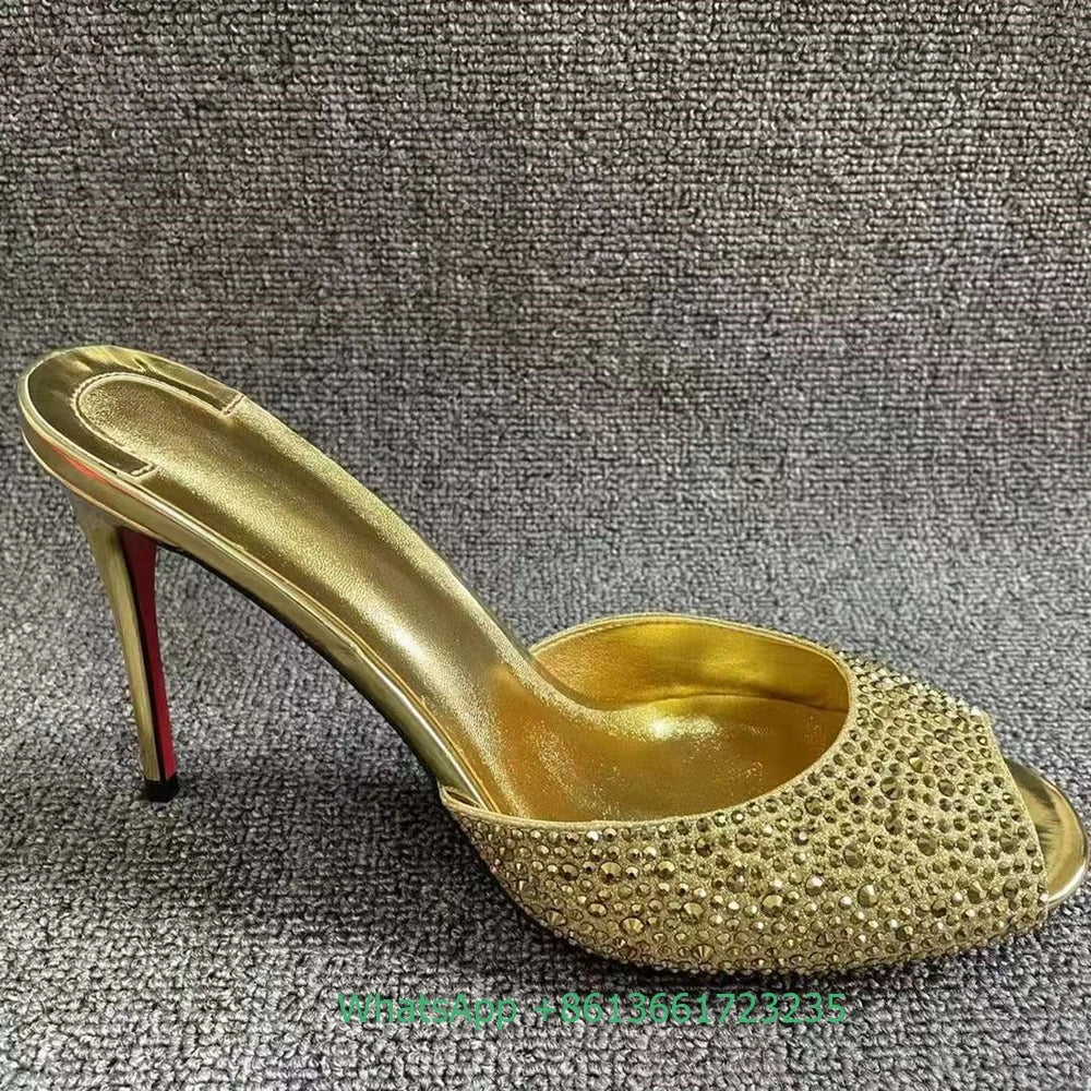 Elegant Rhinestone Peep Toe Stiletto Heel Slides For Women