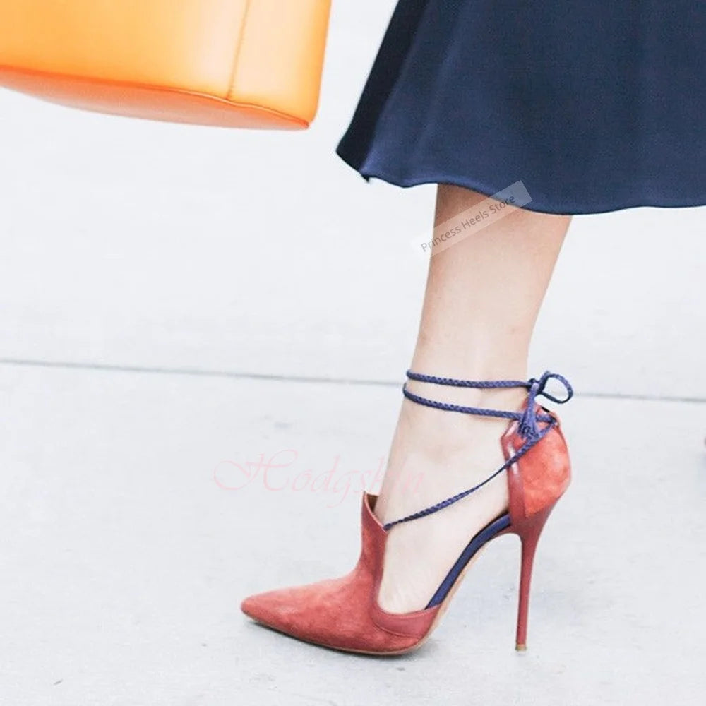 Pointed Toe Suede Straps Lace Up Sandals for Women