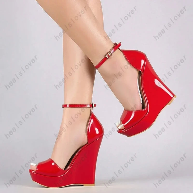 Glossy Peep Toe Platform Wedge Sandals With Buckle Strap For Women