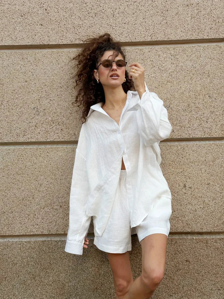 Lightweight White Cotton Summer Two Piece Set for Women