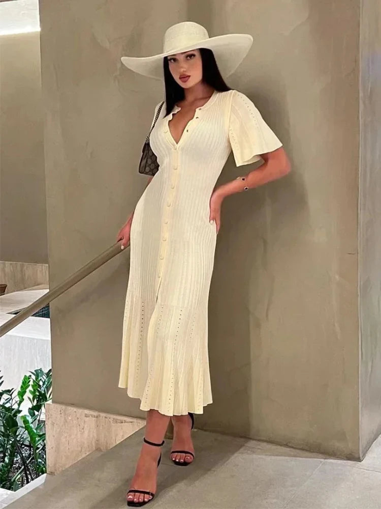 Elegant Pleated Hem Street Fashion O Neck Bell Sleeve Slim Knit Midi Dress 2025 Women Summer Beach Swimsuit Cover Up Tunic A3055