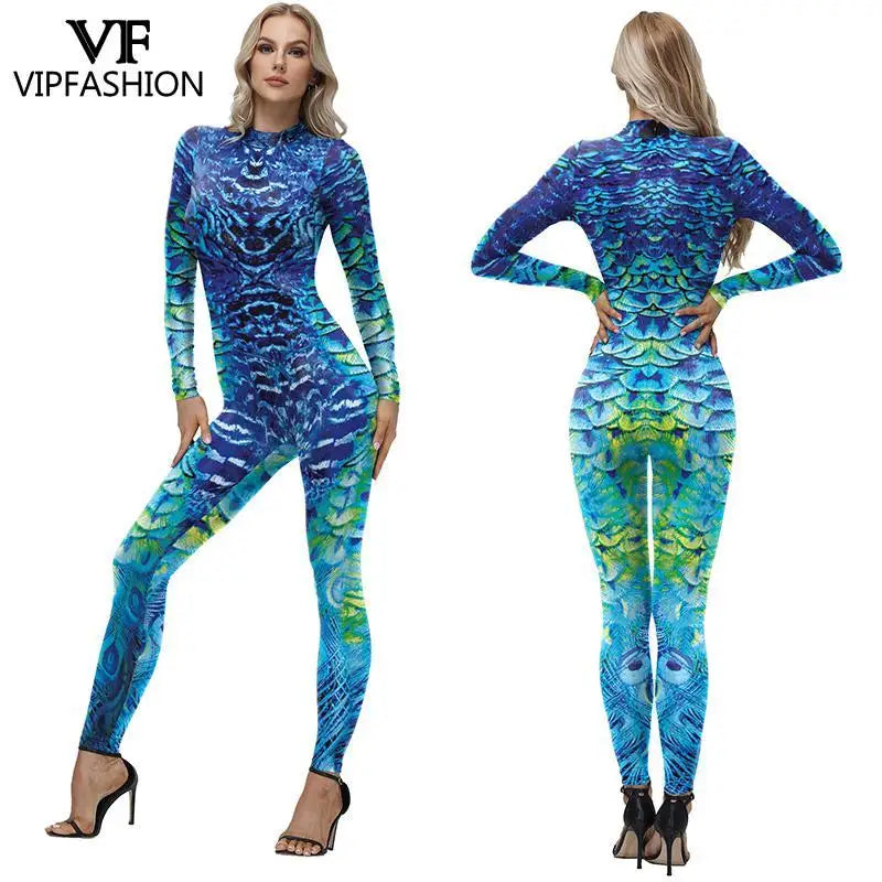 Peacock Feather Print Long Sleeve Elastic Jumpsuit for Women