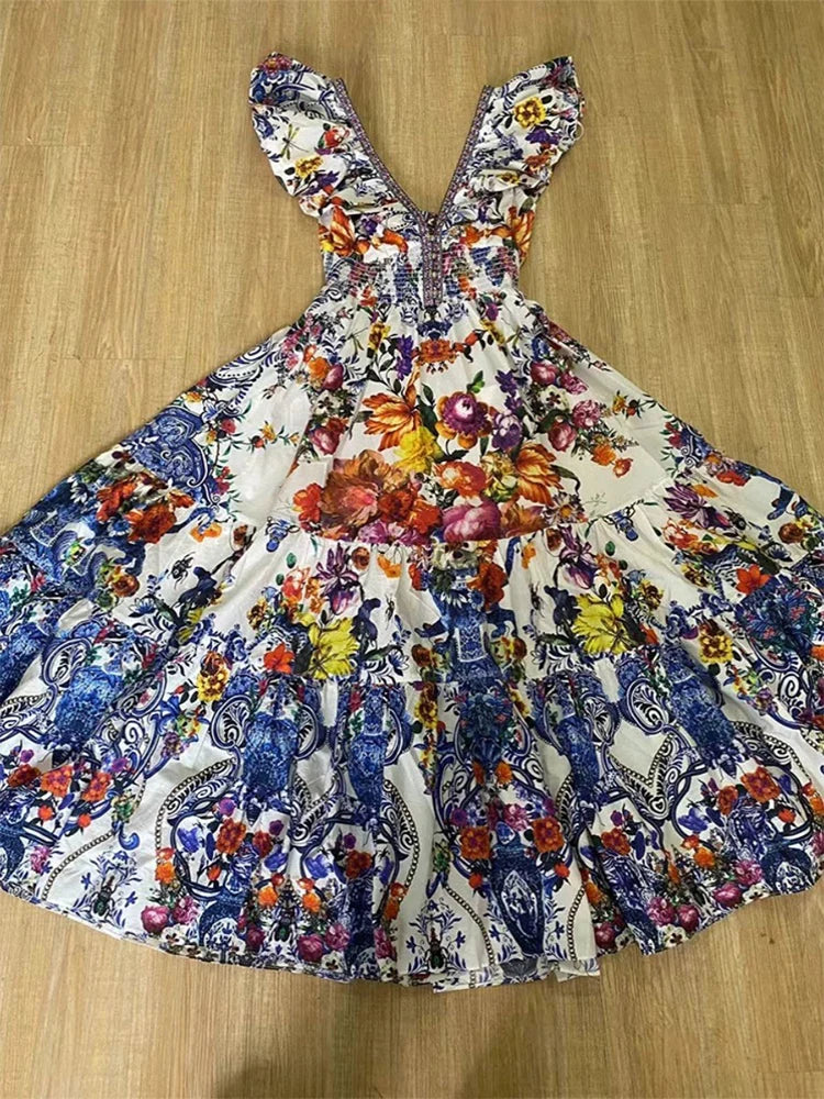 Deep V Neck Print Midi Dress