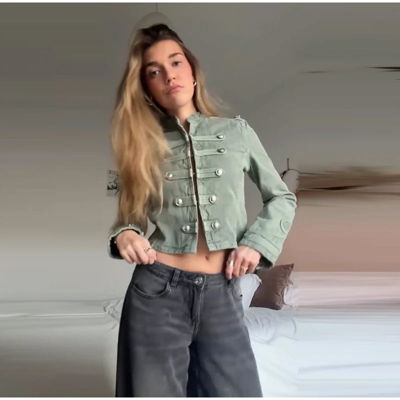 Elegant Slim Fit Stand Collar Denim Jacket Set for Women