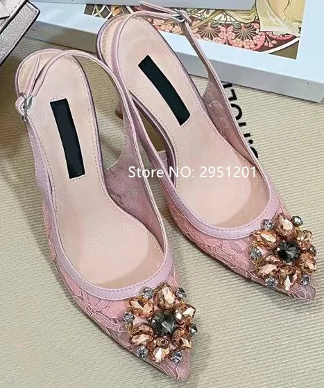 Pink Floral Print Rhinestone Slingback Dress Pumps High Heels For Women