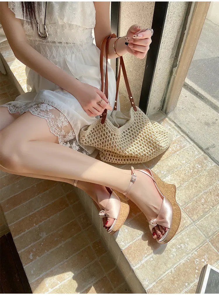 Summer Satin Peep Toe Slingback Wedge Platform Bow Sandals for Women