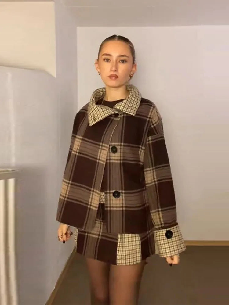 Elegant Chic Loose Fit Grid Coat and Skirt Set for Women