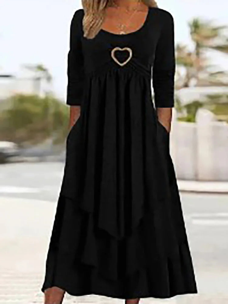 Long Sleeve Patchwork Midi Dress With Pockets for Women