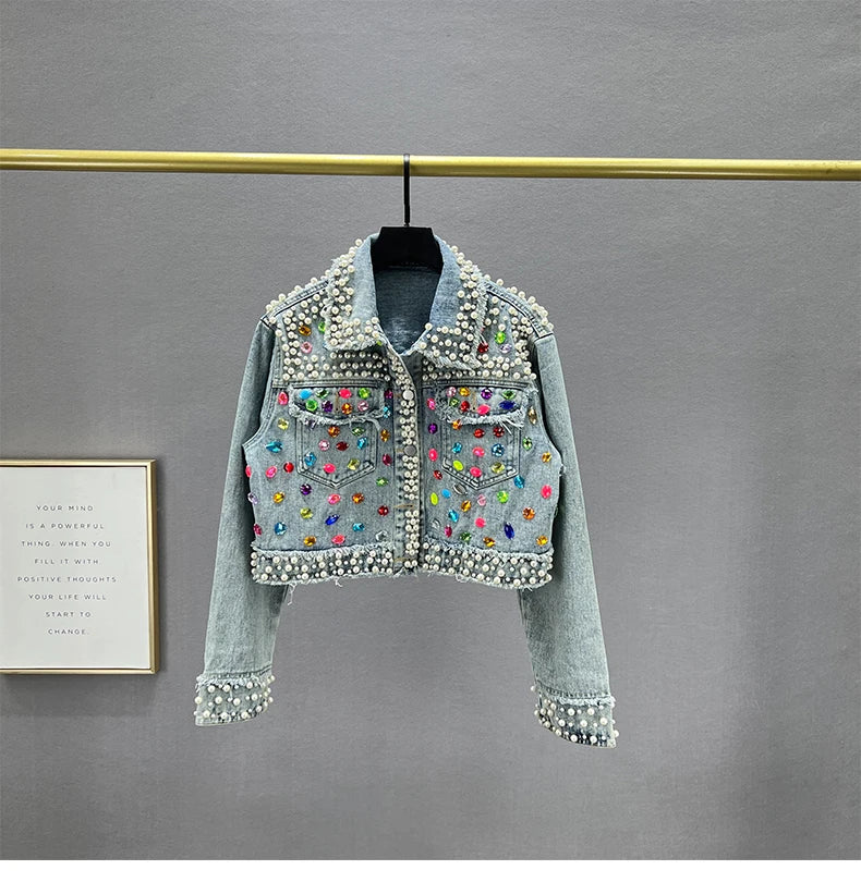 Rhinestone Studded Beaded Denim Lapel Jacket For Women