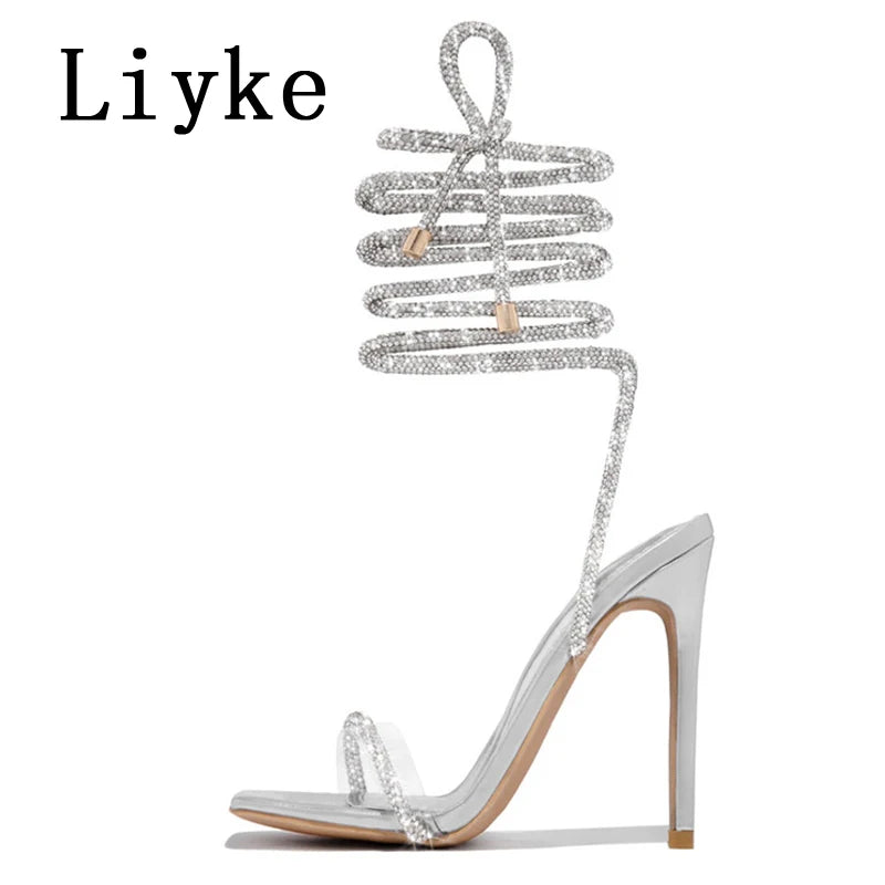 Crystal Glitter Rhinestone Ankle Strap Sandals for Women