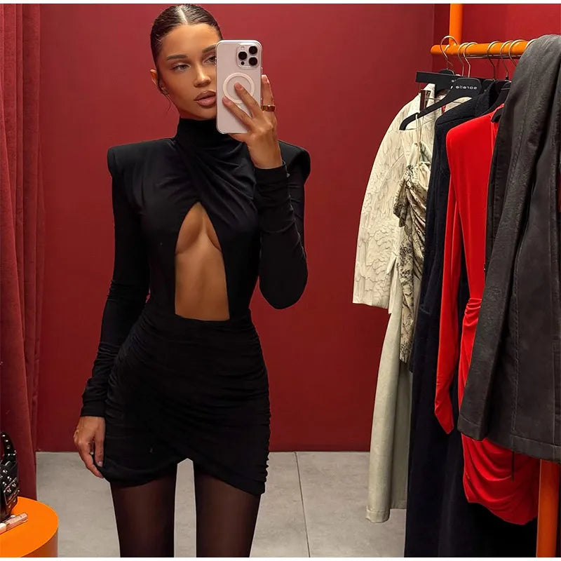 Women Sexy Hollow Out Pleated Mini Dress Fashion Solid Half High Collar Full sleeve Short Dresses Lady 2025 Chic Party Robes