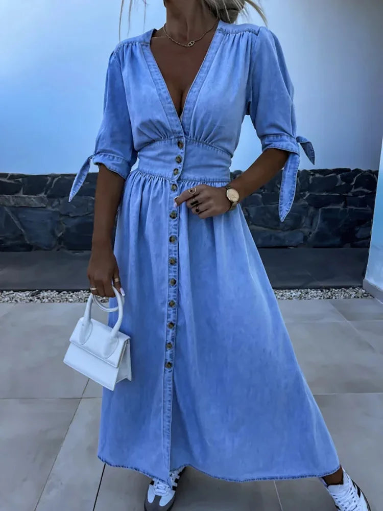 Spring Summer V Neck Fashion Maxi Dress, Women Half Sleeve Elegant Simple Party Dress, Single-Breasted Chic Ladies Dress Vestido
