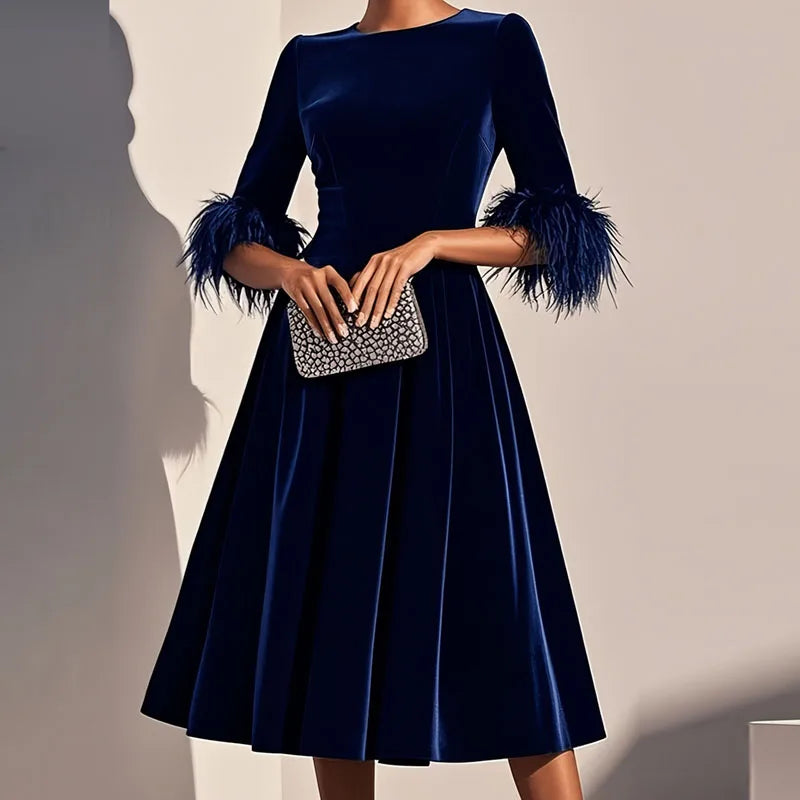 Elegant Feather Trim Velvet A-Line Party Dress for Women