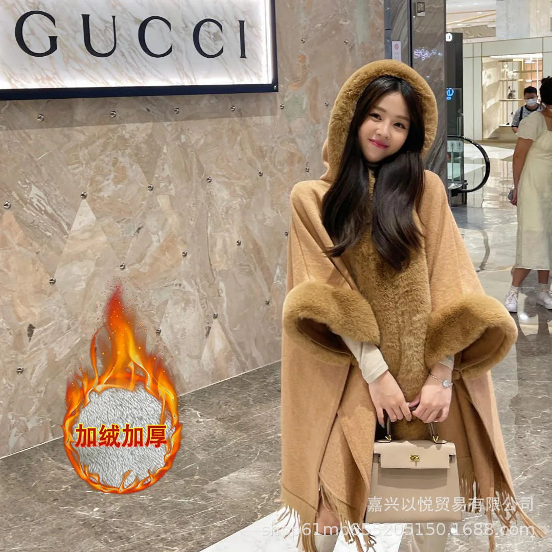 Faux Rabbit Fur Plaid Hooded Poncho Coat for Women