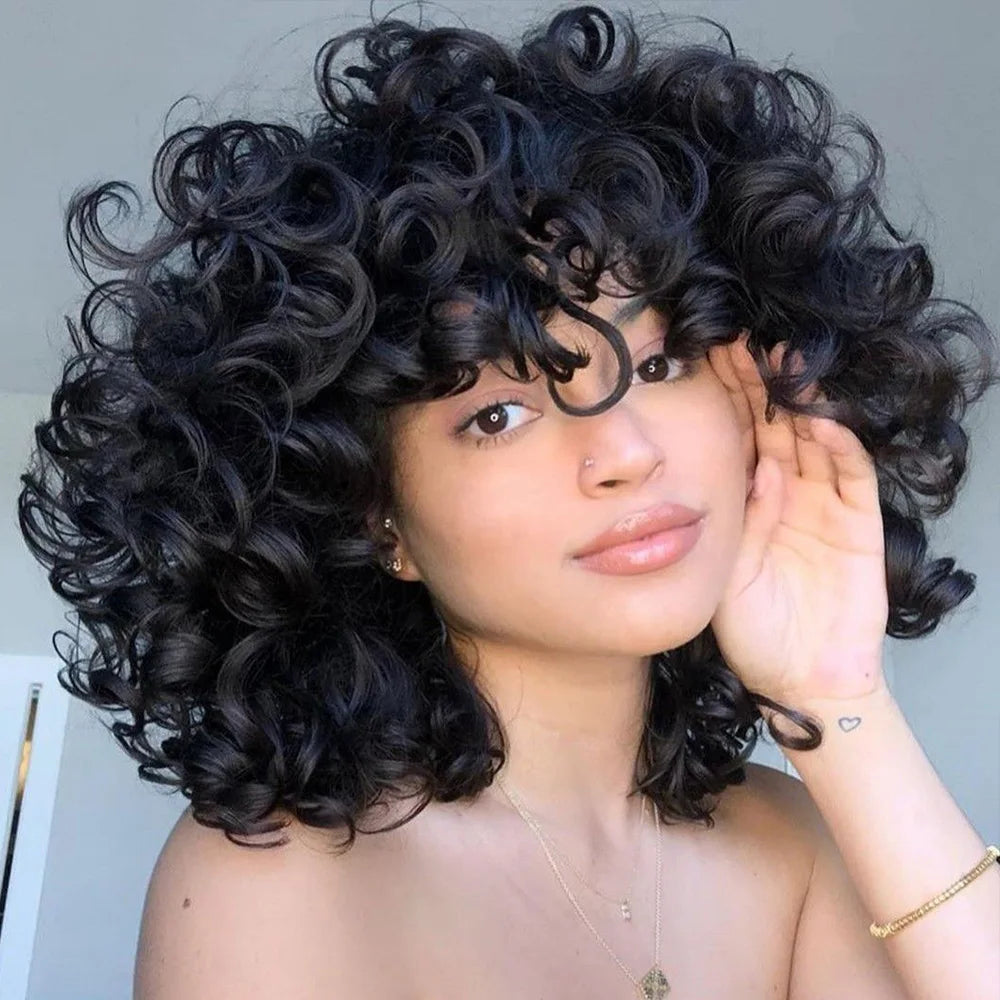 Brazilian Human Hair Egg Curl Pixie Cut Wig with Bangs for Women