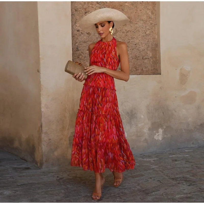 Printed Halter Neck Maxi Dress and Cropped Jacket Set for Women