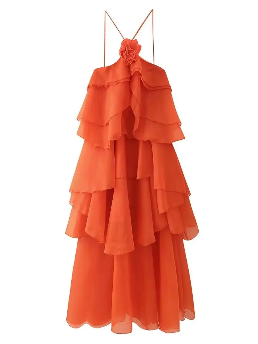 Backless 3D Flower Cascading Ruffle Halter Maxi Dress For Women
