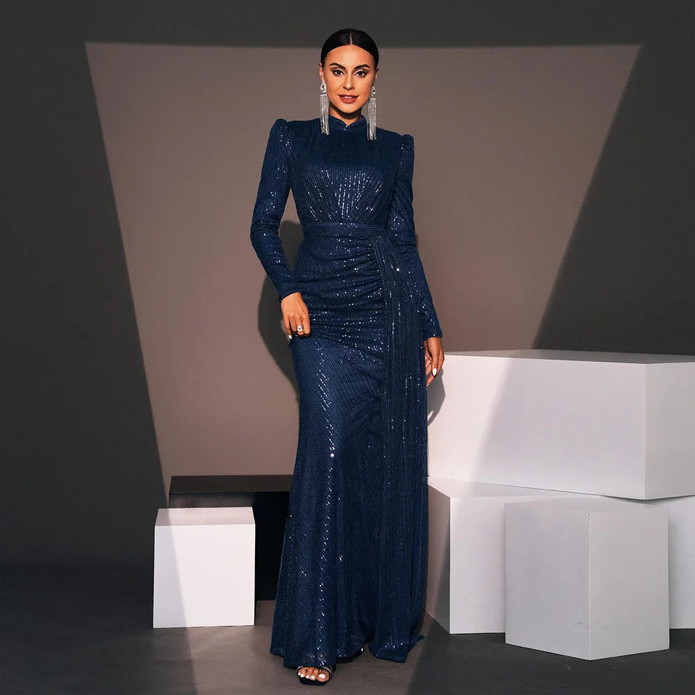 Elegant Sequined O-Neck Long Sleeve Floor Length Dress For Women