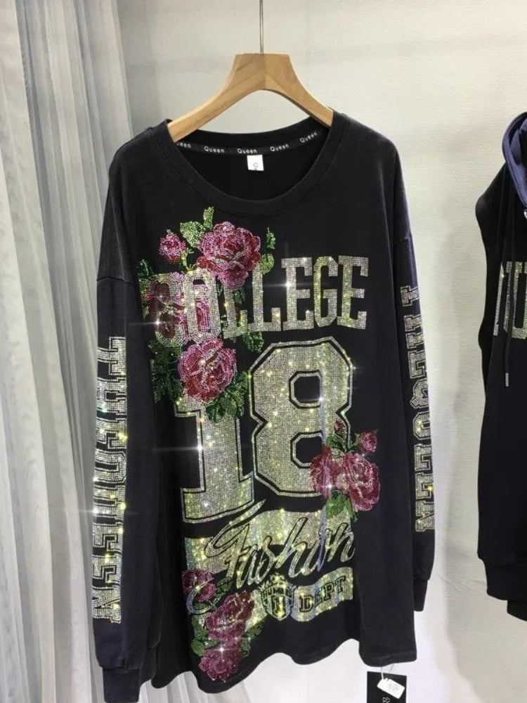 L-4XL 150kg Luxury Diamond Stamping Women's Plus Size Sweatshirts Aesthetics Art Female Pullovers Vintage Winter Lady Sweatshirt