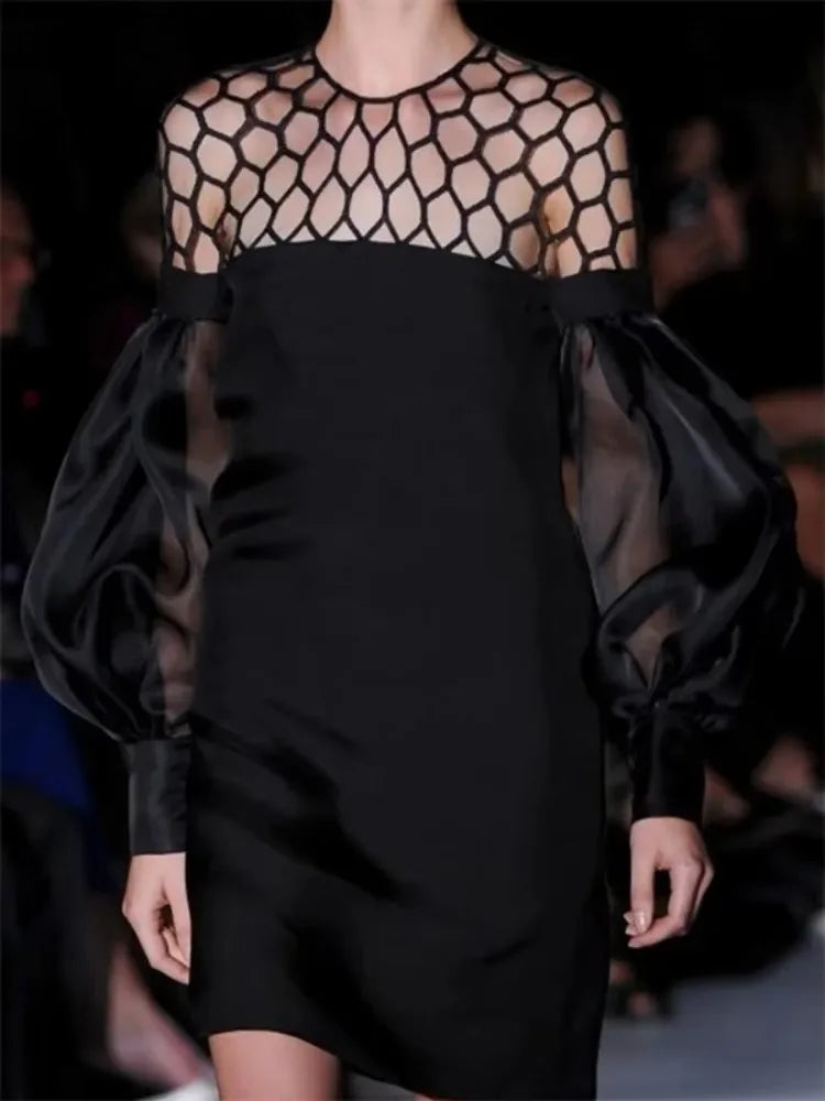 UOOZEE Urban Female Fashion Hollow O-Neck Party Evening Mini Dresses 2025 New See-through Puff Sleeve Elegant Office Black Dress