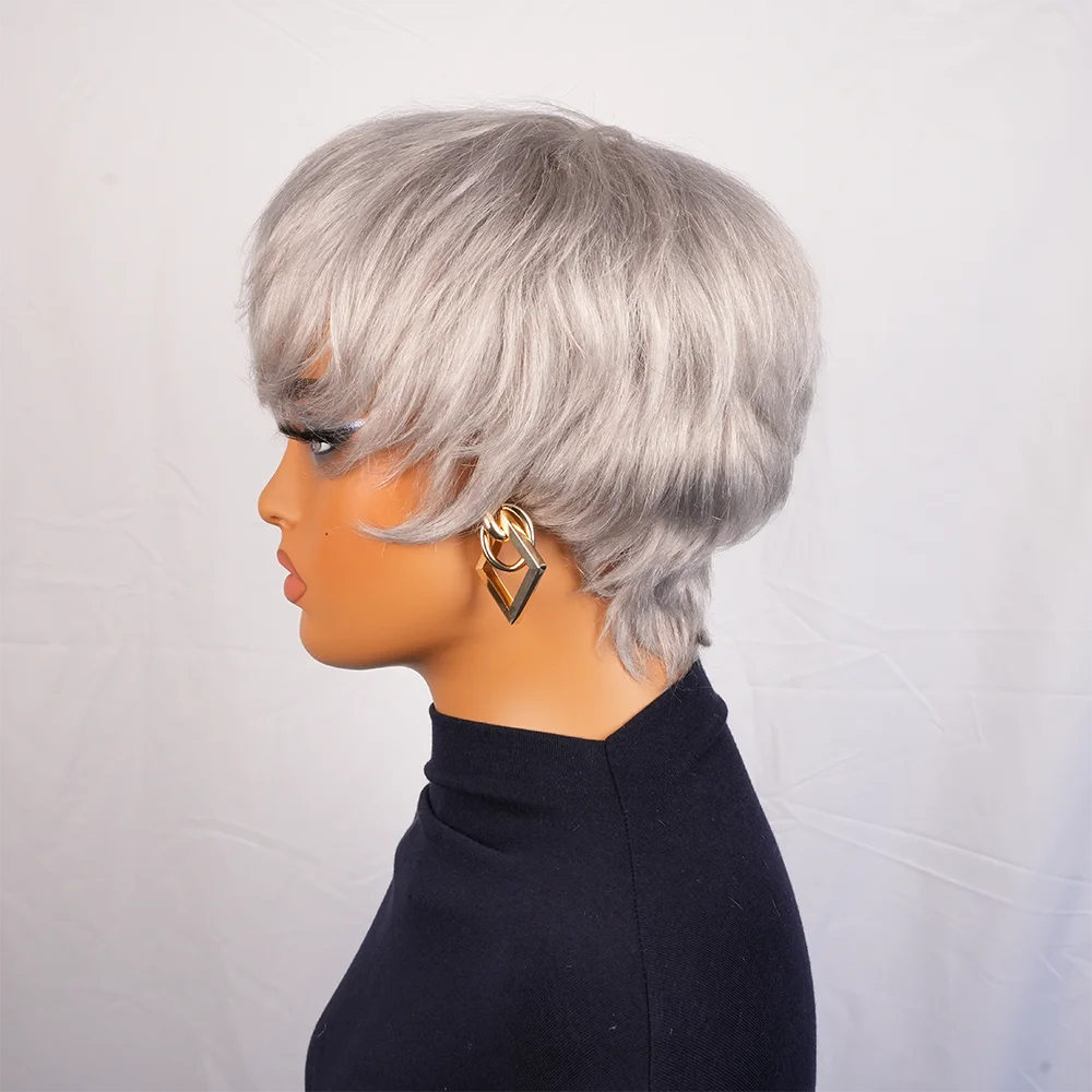 Grey Pixie Cut Human Hair Wig With Bangs For Women