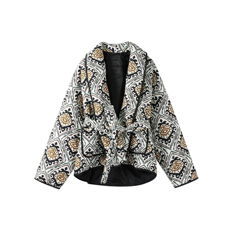 Printed Cotton Padded Winter Coat with V Neck for Women