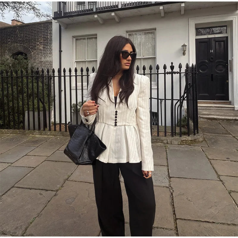 Casual Striped V Neck Ruffle Two Piece Set for Women