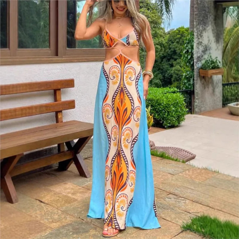 Elegant Deep V-neck Slim Bohemian Dress Women Casual Sleeveless High Waist Long Dress Fashion Pattern Printed Slim Party Dresses