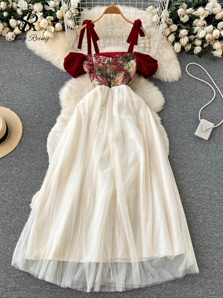 Embroidered Retro Print Lace-Up Mesh Midi Dress for Women